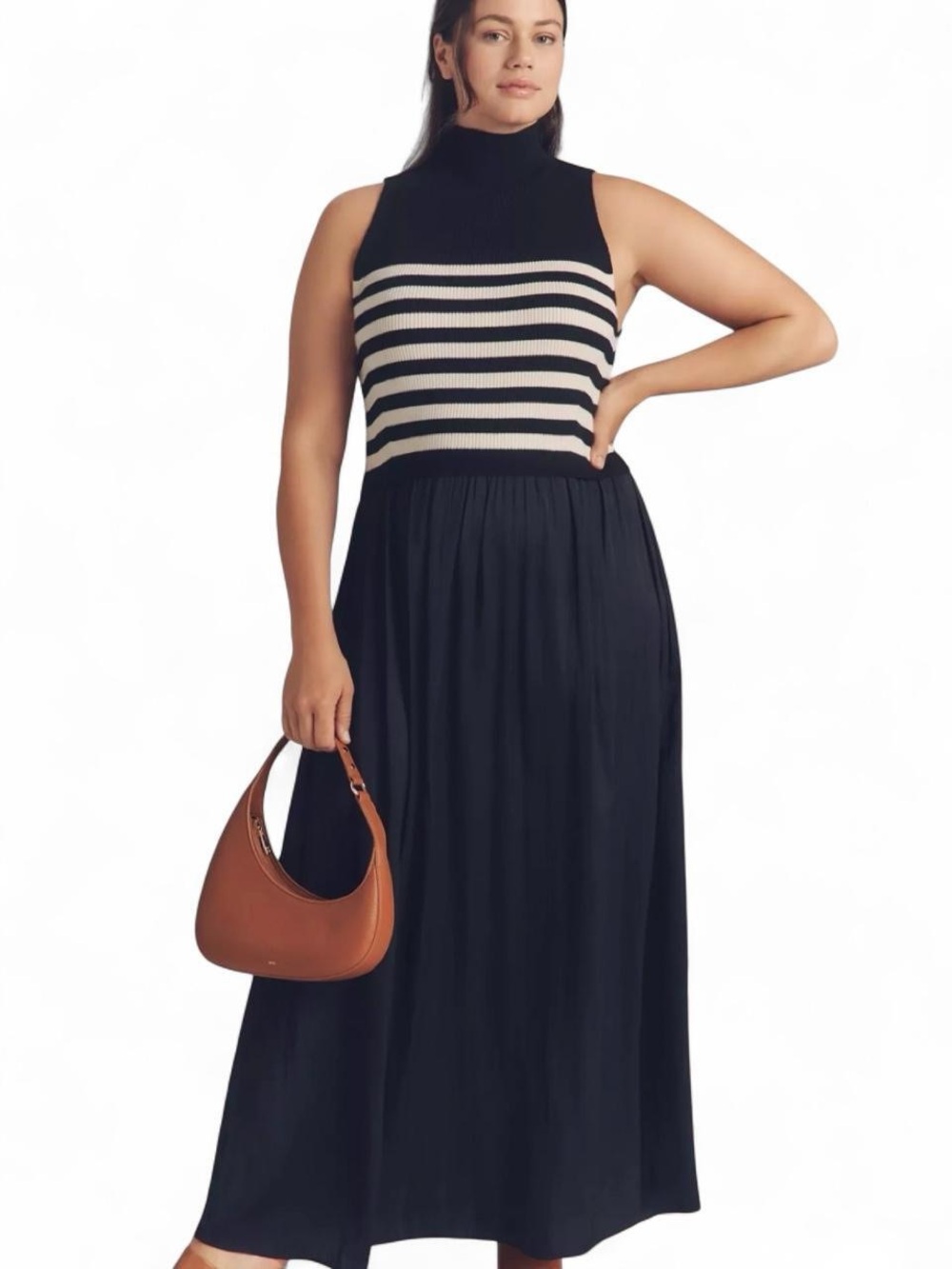 Sleeveless Black & Cream Stripe Knit Maxi Dress